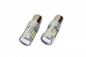 Set becuri auto cu LED CANBUS compatibil P21W BA15S 24 SMD 6.2W Alb 12/24V, destinat competitiilor auto sau off-road