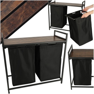 Cos mare de rufe cu doua compartimente, cu raft si blat din lemn, model LOFT, culoare neagra - Img 1