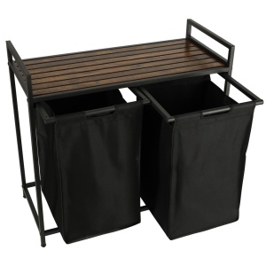 Cos mare de rufe cu doua compartimente, cu raft si blat din lemn, model LOFT, culoare neagra - Img 4