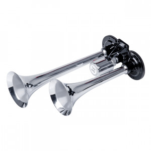 Claxon Camion de tip "goarna", dublu, bitonal, finisaj cromat, alimentare 12V - 24V, 118 dB - Img 1