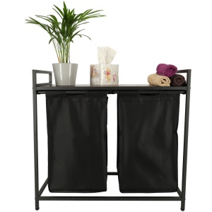 Cos mare de rufe cu doua compartimente, cu raft si blat din lemn, model LOFT, culoare neagra - Img 7