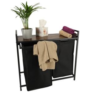 Cos mare de rufe cu doua compartimente, cu raft si blat din lemn, model LOFT, culoare neagra - Img 8