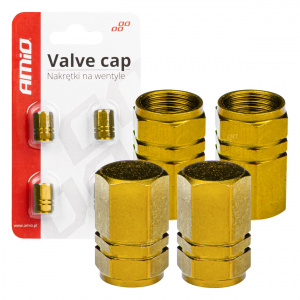 Set 4 capacele auto pentru ventil, din aluminiu, model Hexagon, culoare Galben - Img 1