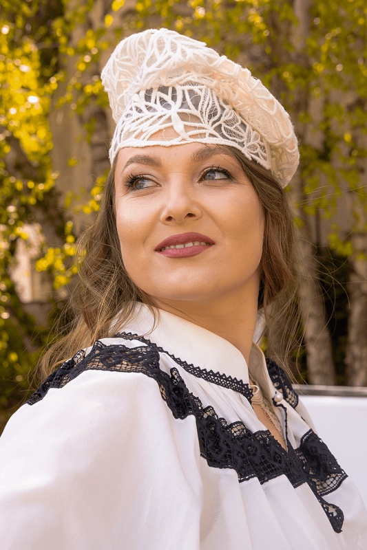 Iulia Beret-style hat made from brocade with hand-sewn geometric motifs