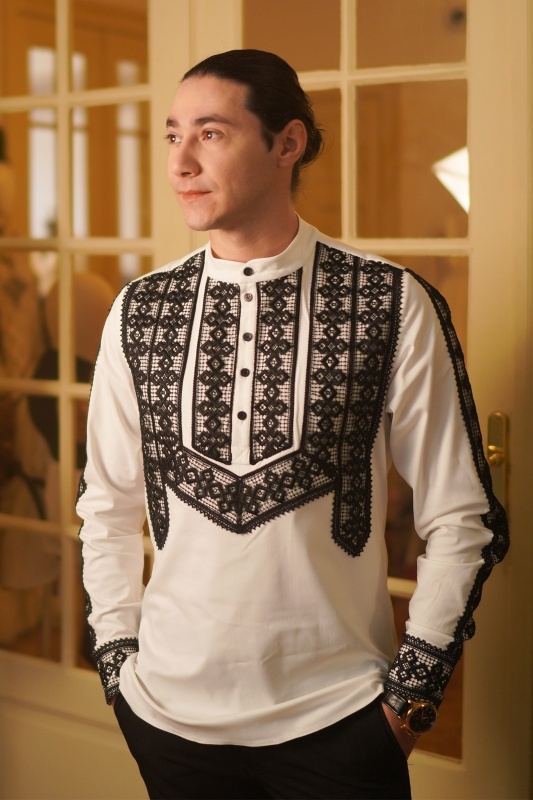 Men's elastic cotton shirt with geometric motif applications Liviu