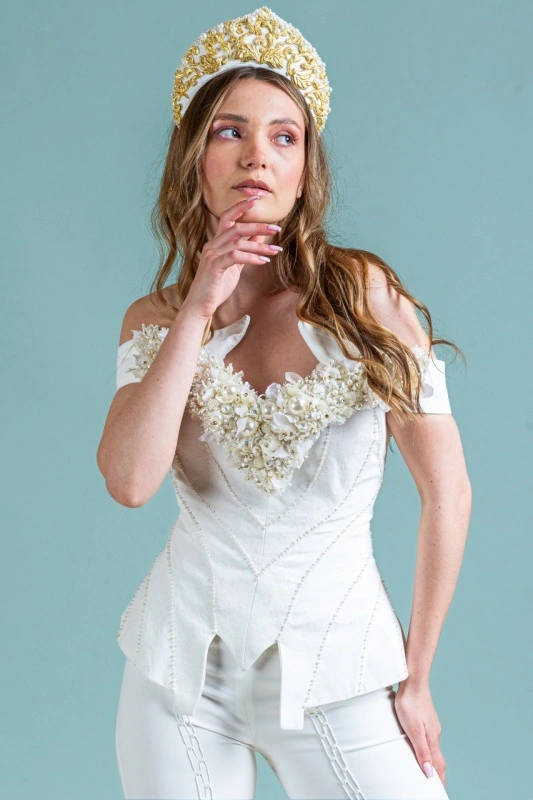 Precious oversized bridal tiara with hand-stitched applications encased in gold leaf Gerda