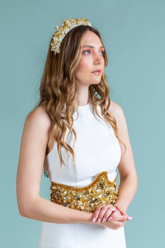 Bridal jewellery tiara with hand sewn gold beading Masha