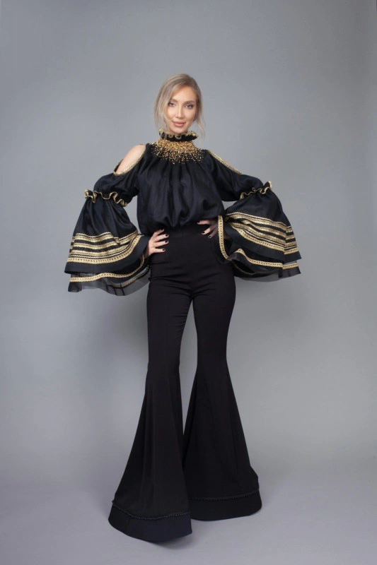 Adriana - Black linen romanian blouse