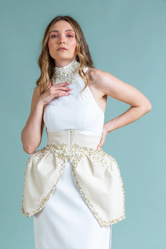 Elegant tweed bra with gold thread for the bride handmade with beads Kai