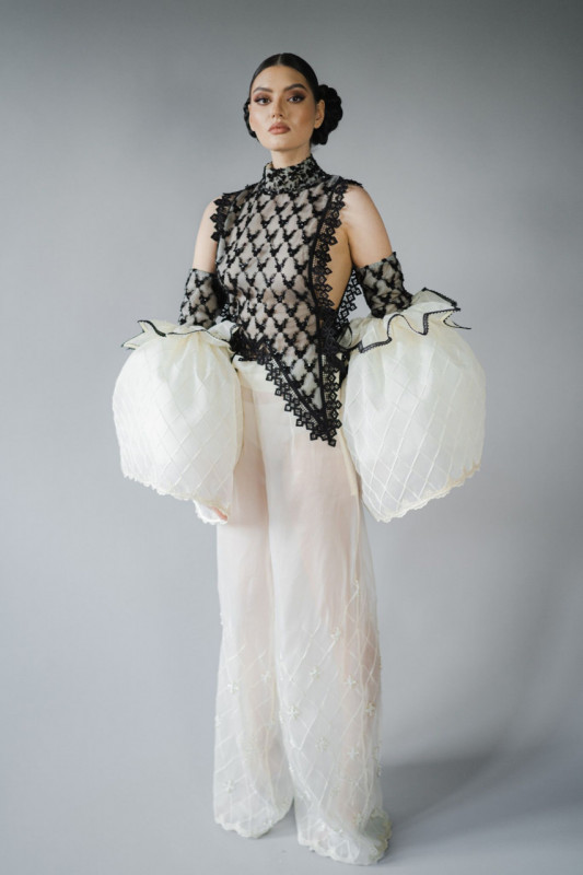Ethereal long organza trousers with hand-sewn precious applications - Bruno