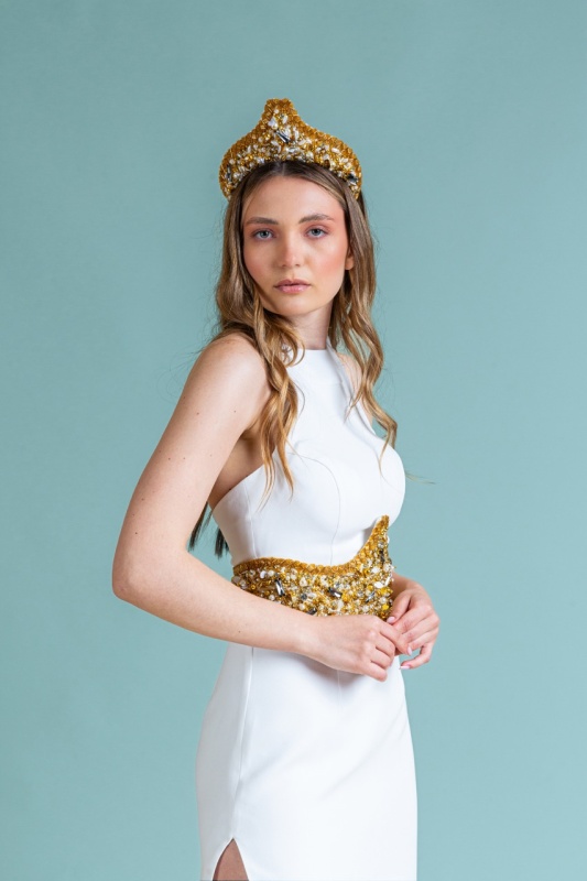 Golden bridal tiara with elongated shape and handmade beading