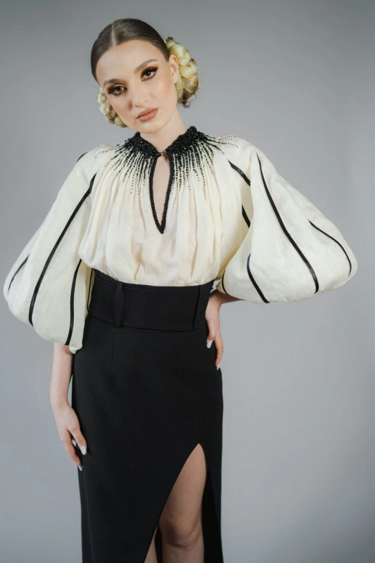 Handmade Romanian blouse made from natural fibers, adorned with beads - Adele