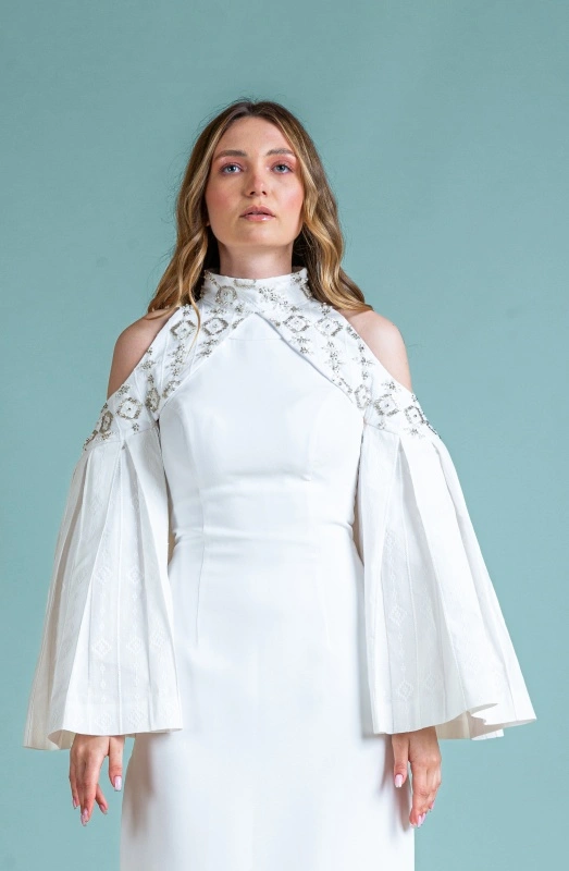 Stylish and elegant detachable cotton linen sleeves with hand-stitched embroidered detailing of traditional inspiration Eloise