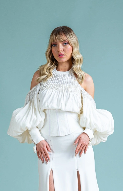 Elegant off-the-shoulder bridal blouse with long and puffed sleeves and long fitted cuffs Adelaida
