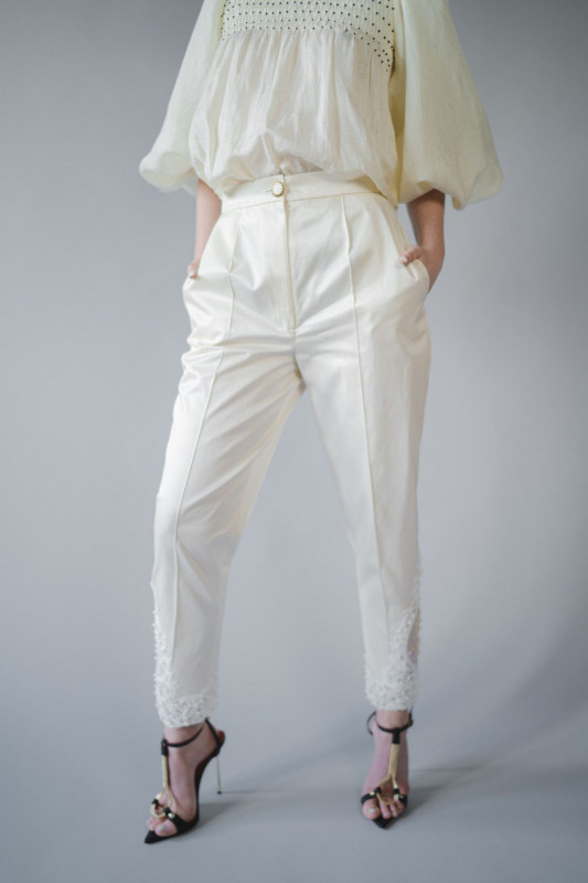 Ethereal long organza trousers with hand-sewn precious applications - Bruno