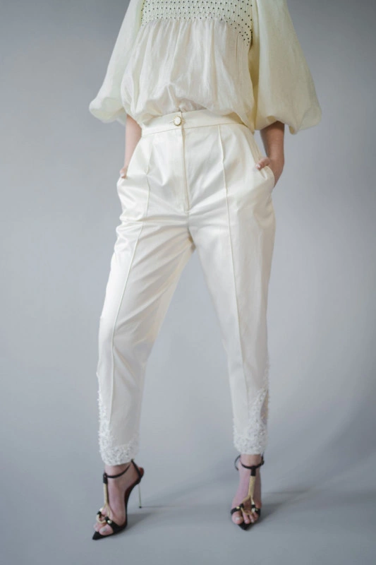 Ethereal long organza trousers with hand-sewn precious applications - Bruno