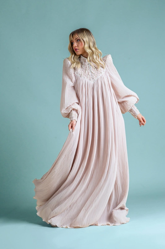Pastel pink long pleated veil wedding dress with long sleeves and hand embroidery Antoaneta