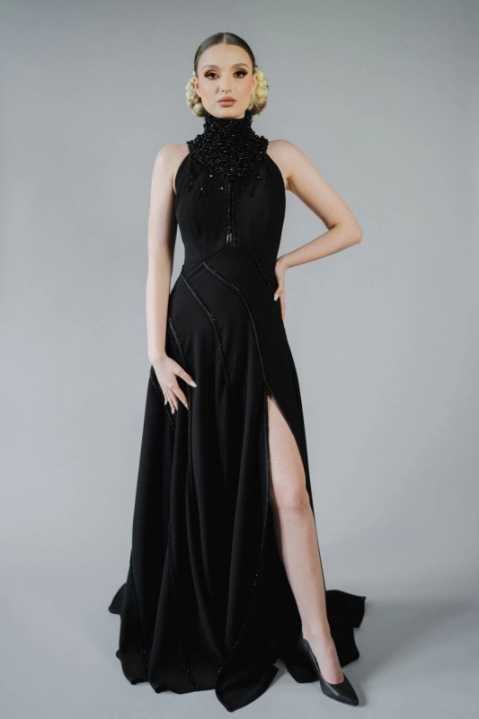 Handmade black dress with train and open back - Harmony