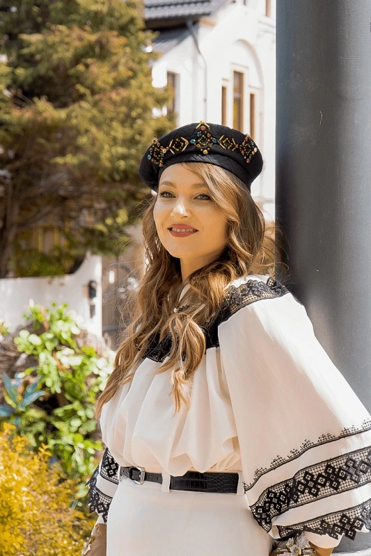 Iunia Beret-style hat made from fine embroidered organza