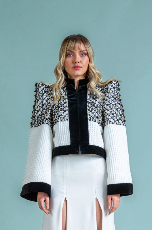 Jacket suit with black velvet cording and handmade glass appliqué and rhinestones Amalia