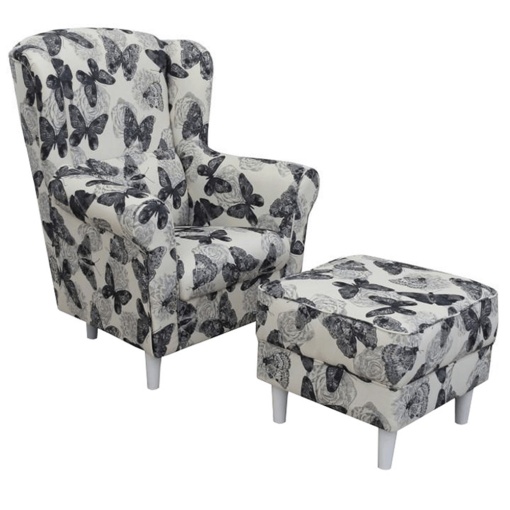 FOTOLIU ASTRID, CU TABURET, IMPRIMEU FLUTURI 1, DIN TEXTIL SI LEMN ALB, STIL CLASIC, TK