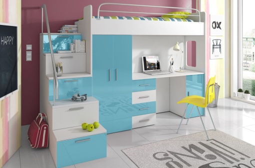 SISTEM MODULAR PENTRU CAMERA COPII ALB/TURCOAZ RAJ4 KM DESIGN MODERN