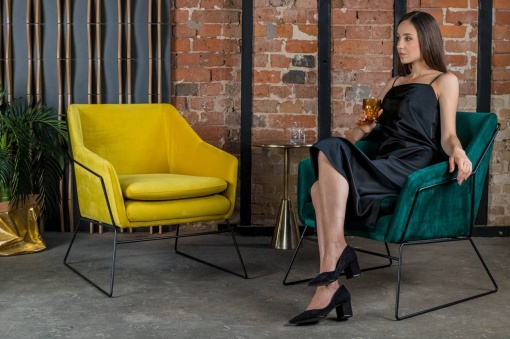 FOTOLIU CONFORTABIL EMMA, GALBEN/NEGRU, DIN CATIFEA SI METAL, STIL MODERN B2