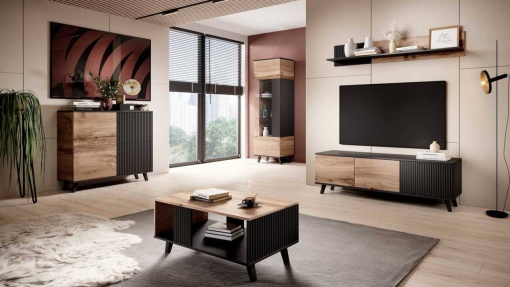 SET LIVING RANDOM, STEJAR WOTAN/NEGRU, DIN MDF FURNIRUIT, POLIPROPILENA SI METAL, STIL MODERN, HALMAR