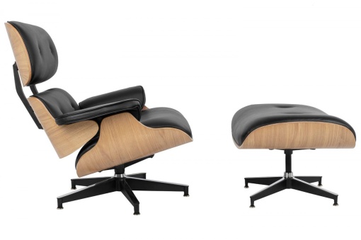 FOTOLIU EXCLUSIVIST CU TABURET, LOUNGE HM PREMIUM SZEROKI, NEGRU, PIELE NATURALA SI LEMN DE FRASIN, STIL MODERN, B2