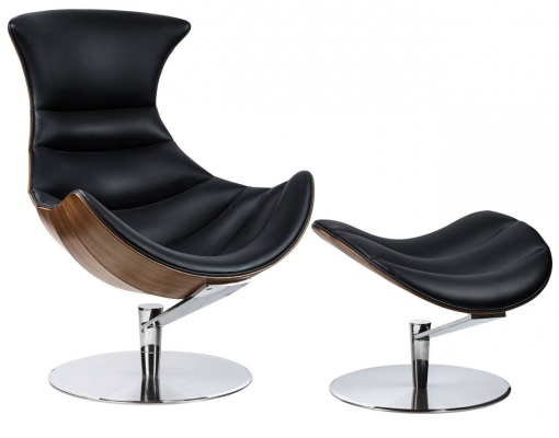 FOTOLIU EXCLUSIVIST CU TABURET, HOMMER, NEGRU/NUC/CROM, PIELE NATURALA SI LEMN DE NUC, STIL MODERN, B2