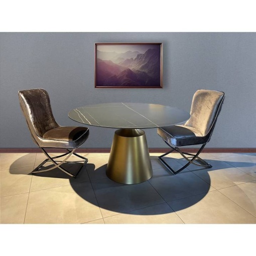 MASA DINING SORENTO, EFECT DE MARMURA NEAGRA/AURIU MAT, 130 CM, BLAT DIN CERAMICA SI PICIOR DIN METAL, STIL MODERN, ATR