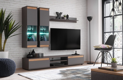 SET LIVING MODULAR MODO, CU ILUMINARE LED, ANTRACIT/STEJAR WOTAN, STIL MODERN, ASM