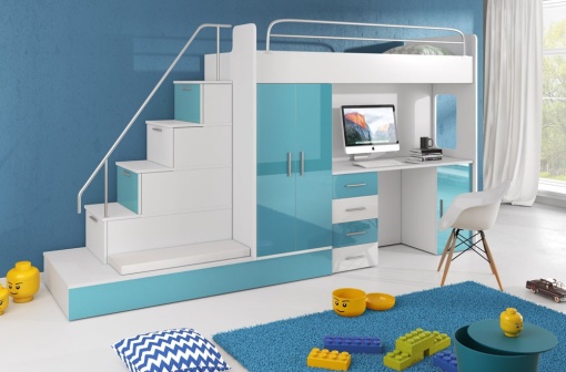 SISTEM MODULAR PENTRU CAMERA COPII ALB/TURCOAZ RAJ5 KM DESIGN MODERN