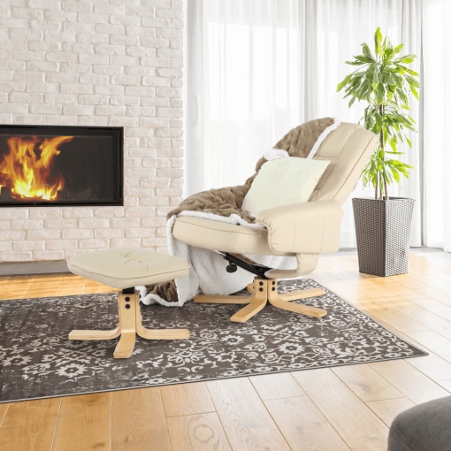 FOTOLIU RELAXANT REGLABIL EDDIE, CU SUPORT PENTRU PICIOARE, BEJ/NATUR, DIN PIELE TEXTILA SI LEMN, STIL MODERN, TK