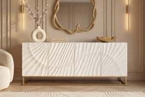BUFET LIVING DEOSEBIT, SCORPION 180CM, MODEL 3D, REALIZAT DIN LEMN DE MANGO SI METAL, CULOARE ALB/AURIU, INVICTA INTERIOR