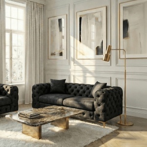CANAPEA DEOSEBITA 2 LOCURI, ARTIM MEBLE, MATERIAL TEXTIL( CATIFEA) SI SUPORT METALIC, CULOARE NEAGRA/AURIU, STIL MODERN - Img 2