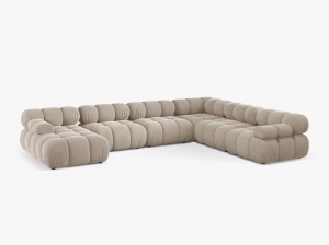 COLTAR MODULAR PANORAMIC BELLIS, PE DREAPTA, BEJ INCHIS, CU TAPITERIE DIN CATIFEA BLUVEL, MICADONI