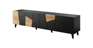 COMODA TV, CAMA-ETNA-RTV-CZ/CZ/DC 200CM, DIN PLACI LAMINATE SI MDF, NEGRU MAT/STEJAR, DESIGN MODERN