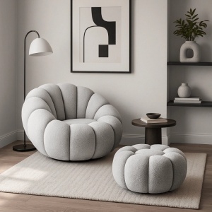 FOTOLIU ROTATIV CU POUF, ARTIM MEBLE, REALIZAT DIN MATERIAL TEXTIL BOUCLE GRI, STIL MODERN