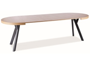 MASA DINING EXTENSIBILA DOMINGO, 100/250 CM, STEJAR/NEGRU, BLAT DIN FURNIR NATURAL SI PICIOARE DIN METAL, STIL MODERN - Img 6