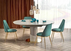 MASA DINING EXTENSIBILA MUSCAT, CU EFECT DE MARMURA GRI DESCHIS/GRI/AURIU, 120/160 CM, DIN CERAMICA SI METAL, STIL MODERN - Img 1