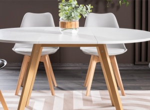 MASA DINING EXTENSIBILA OPERA, 102/144 CM, ALB/STEJAR, BLAT DIN PAL LAMINAT SI PICIOARE DIN LEMN, STIL MODERN - Img 2