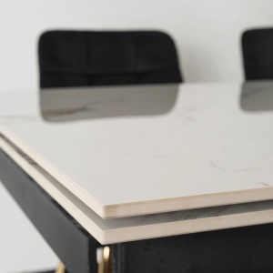 MASA EXTENSIBILA, ARTIM MEBLE 160/240CM, BLAT DIN CERAMICA SI SUPORT METALIC, CULOARE MARMURA ALBA/AURIU, STIL MODERN - Img 6