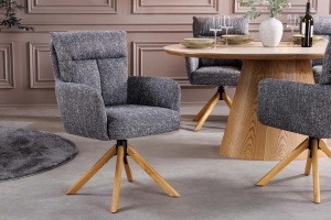 Set 2 Scaune rotative BIG GEORGE 360° cu revenire automată, husă din material textil structurat, gri, cadru din stejar