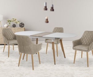 SET DINING MASA EXTENSIBILA CALIBER CU 4 SCAUNE K287 BEJ/NATURAL DESIGN SCANDINAV HALMAR - Img 1