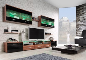 SET LIVING CU LED CAMA I NEGRU/NATURAL DESIGN MODERN CM