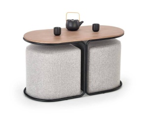 SET PAMPA - MASUTA CU DOI TABURETI, STEJAR/NEGRU/GRI, DIN MDF FURNIRUIT, METAL SI TEXTIL, STIL MODERN, HALMAR - Img 1