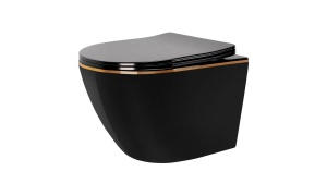 VAS DE TOALETA SUSPENDAT REA CARLO MINI RIMLESS DUROPLAST FLAT EDGE, NEGRU/AURIU, DIN CERAMICA, CALITATE SUPERIOARA