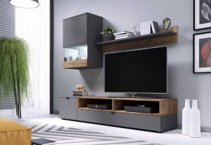 ANSAMBLU LIVING, CAMA-PAT-NEGRU MAT/STEJAR LEFKAS, 175CM, PLACI LAMINATE, DIVERSE NUANTE - Img 2