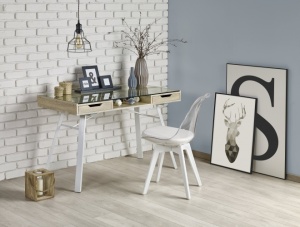 BIROU B33, STEJAR SONOMA/ALB, DIN MDF FURNIRUIT, STICLA SI PICIOARE DIN METAL, STIL MODERN - Img 1